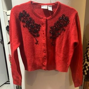 Vintage red wool & angora beaded cardigan, Sz M